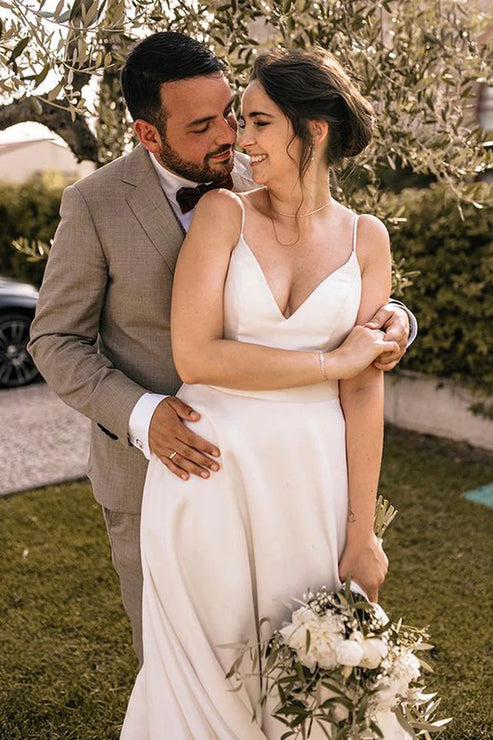 Luolandi A Line V Neck Straps Satin Wedding Dresses Simple Sexy